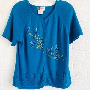 Vintage R&K Originals Knit Cardigan Turquoise Blue Embroidery Sz 12 Cottagecore